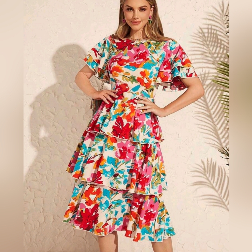 SHEIN Clasi Women's Colorful Floral Print Ruffle Hem Tiered Dress